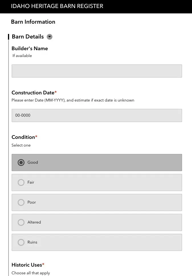 Idaho Barn Registry Survey 123 Form